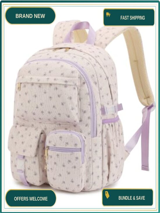 Corduroy School Backpack for Teen Girls Boys, Lightweight Laptop Daypack with main image 4